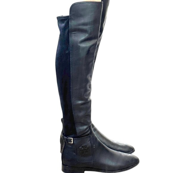 Tory Burch Wyatt Boots Over the Knee 7.5 Black Leather OTK Stretch Back - Picture 6 of 10